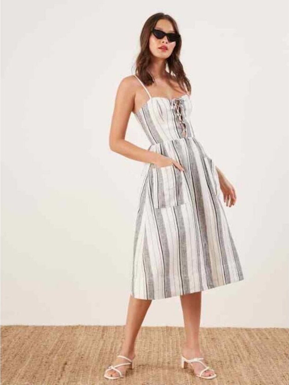 Reformation Ellen Striped Fit N Flare Lace Up Smocked Midi Dress
